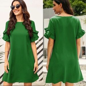 Ruffled frill short sleeve tunic dress green